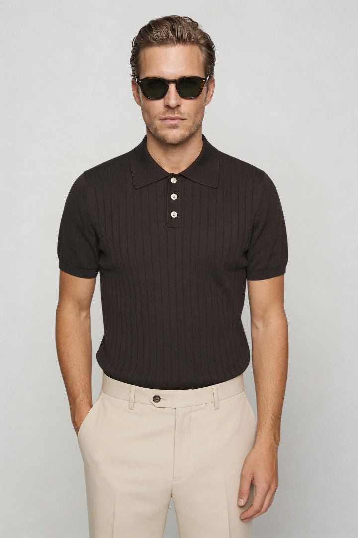 men espresso brown ribbed knit polo shirt slim fit hero