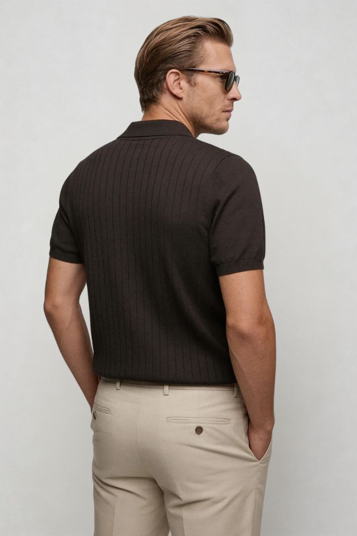 men espresso brown ribbed knit polo shirt slim fit back view