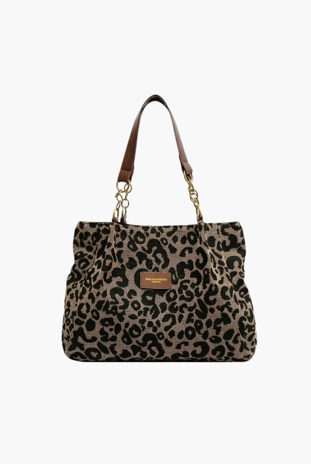 Leopard print shoulder tote bag with chain handles, brown/black
