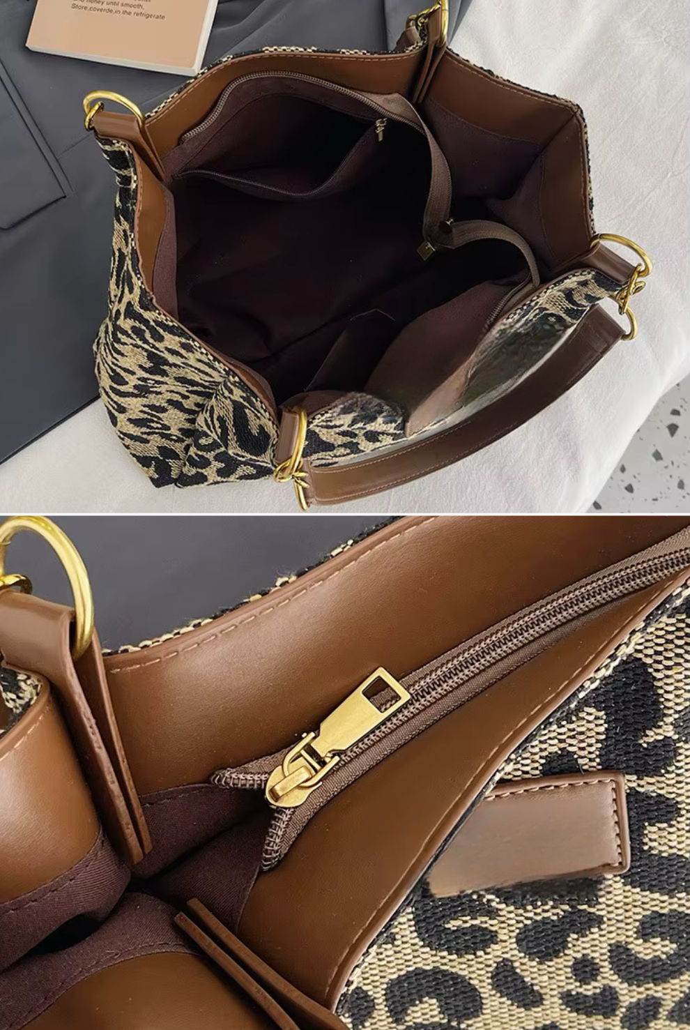 Inside of leopard tote showing center zip divider and pockets