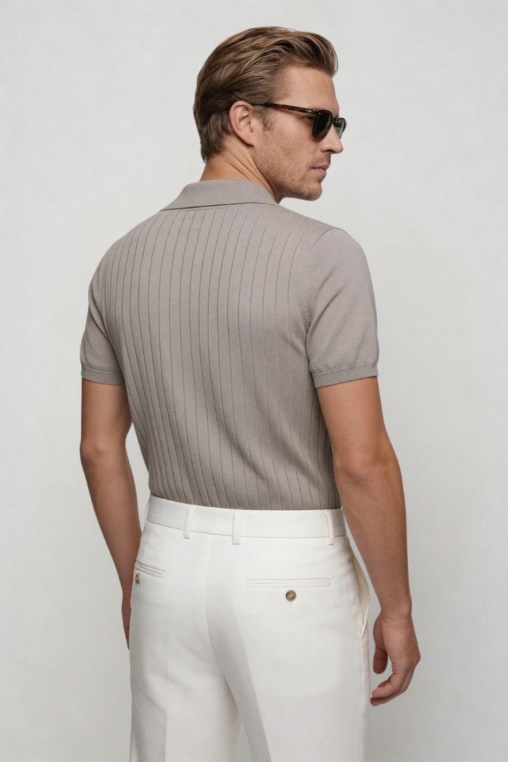 men sandstone beige ribbed knit polo shirt slim fit back view