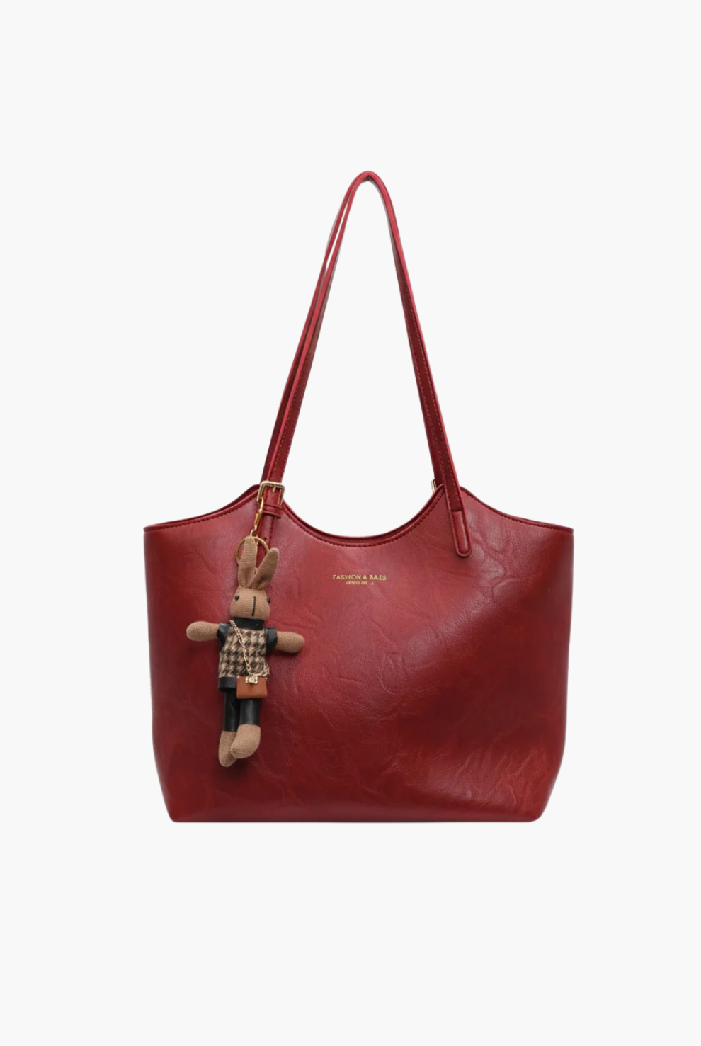 Luna women’s tote handbag in wine red with zip-top and bunny charm on white background