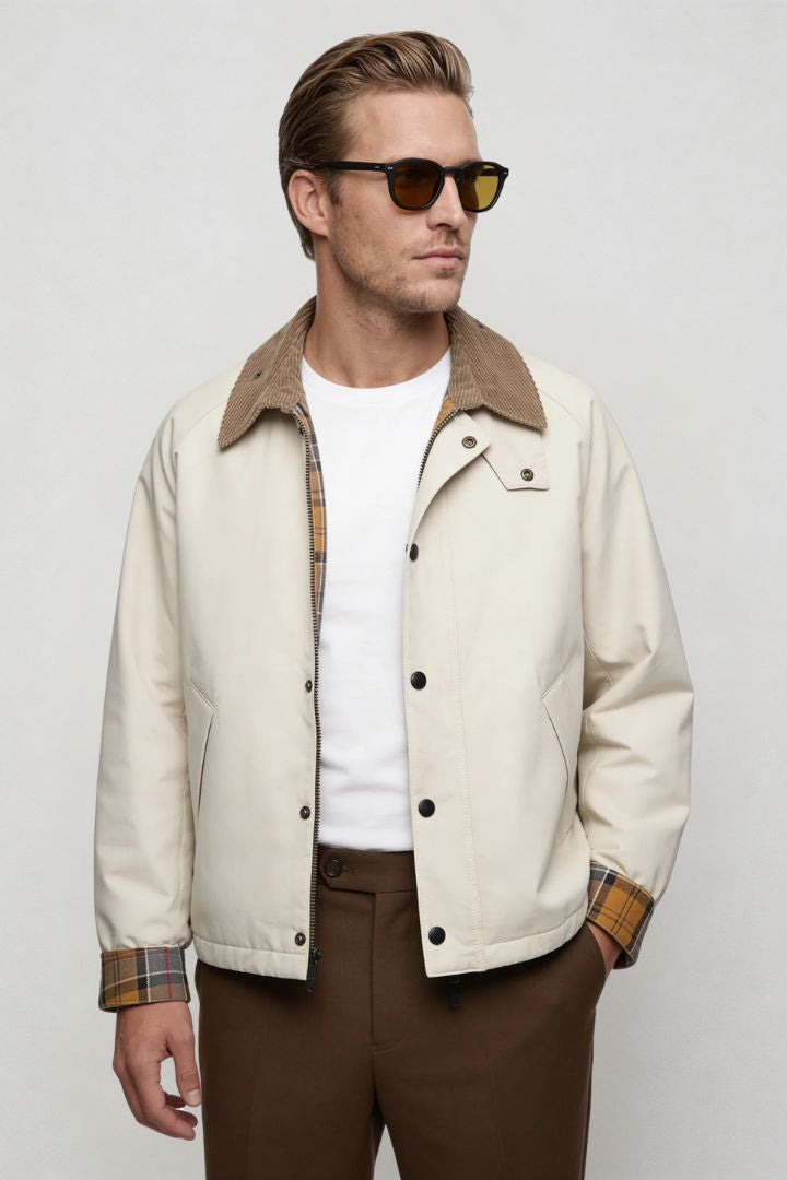 men ivory corduroy collar barn jacket front view