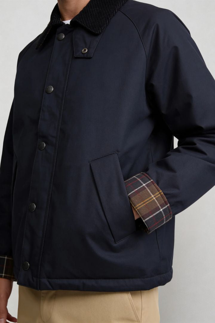 men navy corduroy collar barn jacket close-up