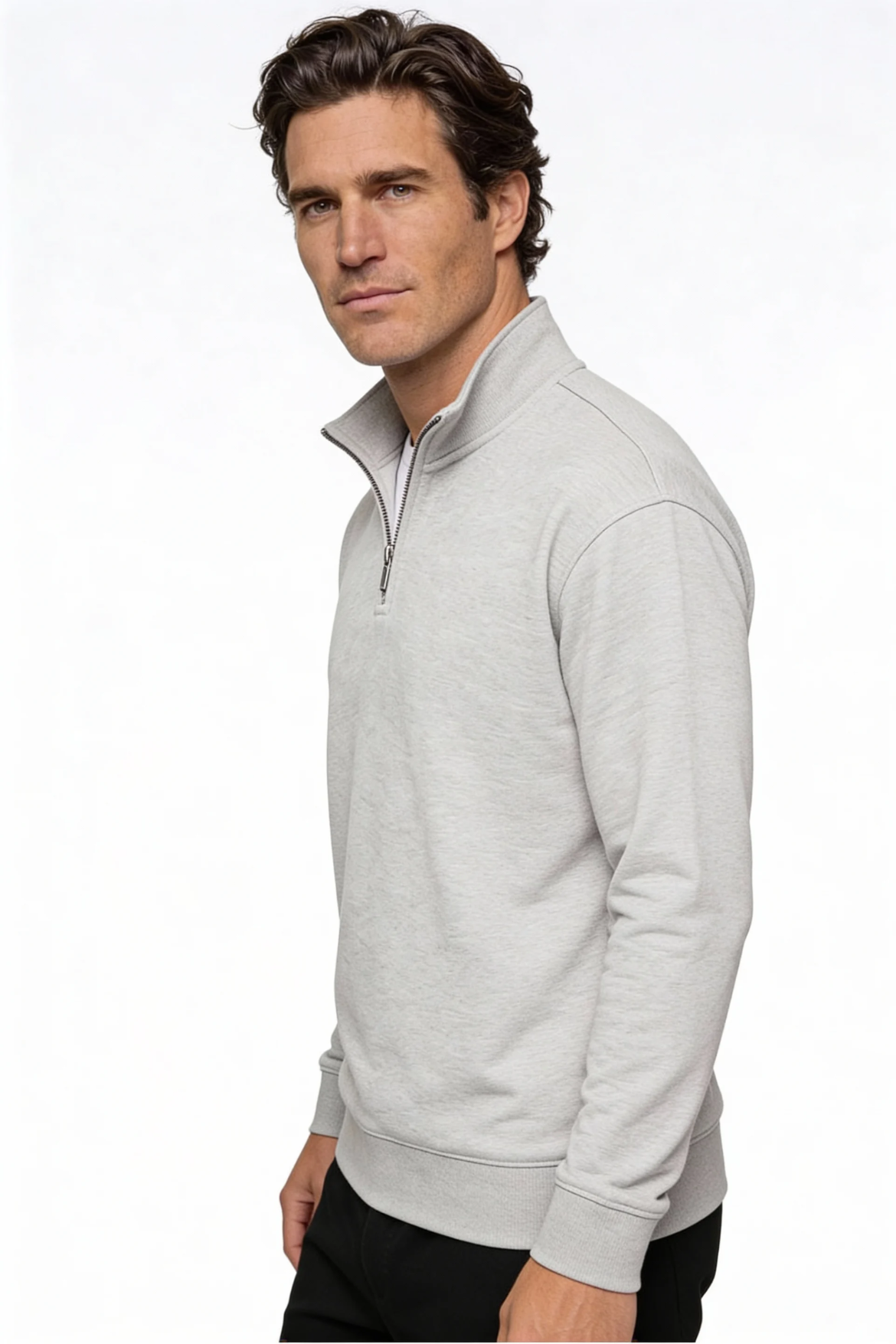 Man wearing a gray quarter-zip sweatshirt on a white background