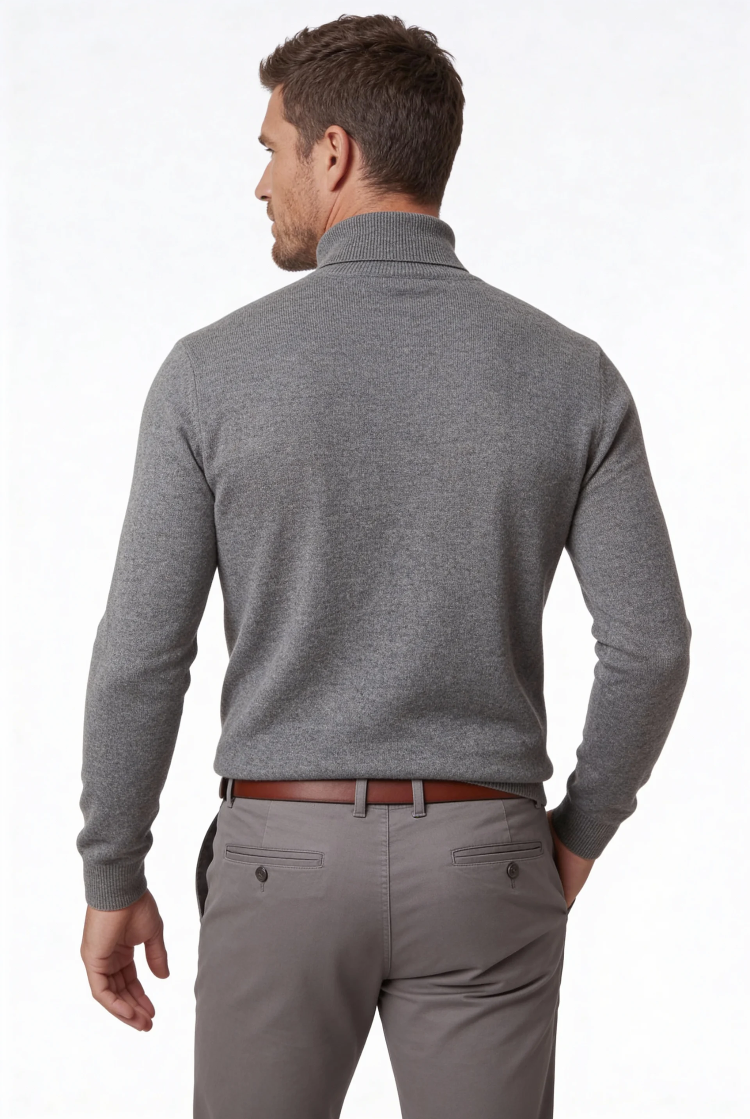 man wearing the premium men’s gray merino wool turtleneck sweater from Lavencio