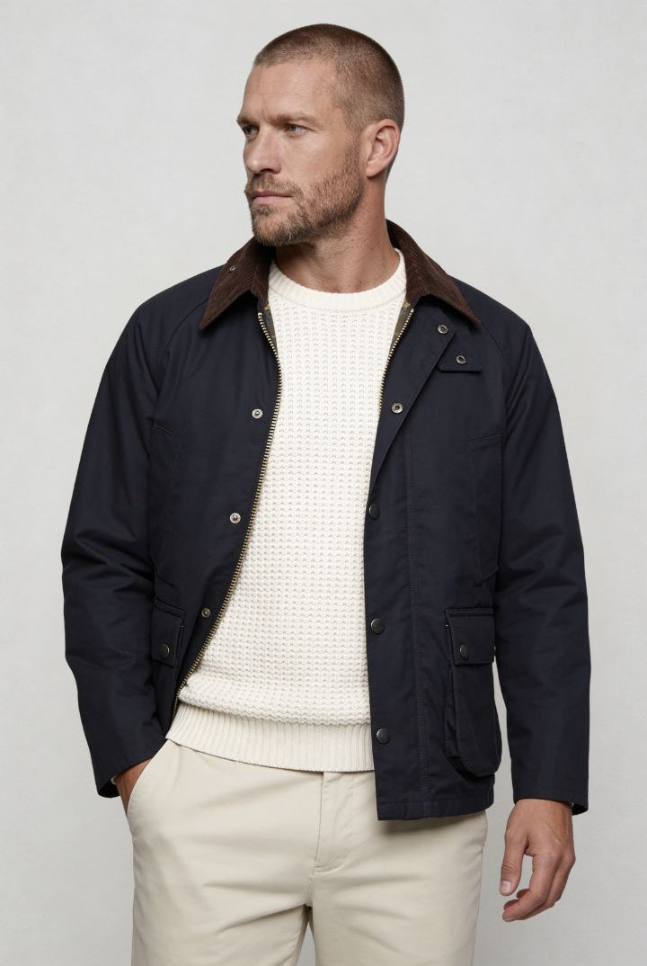 Lavencio Men’s cotton field jacket with corduroy collar and utility pocket design navy front