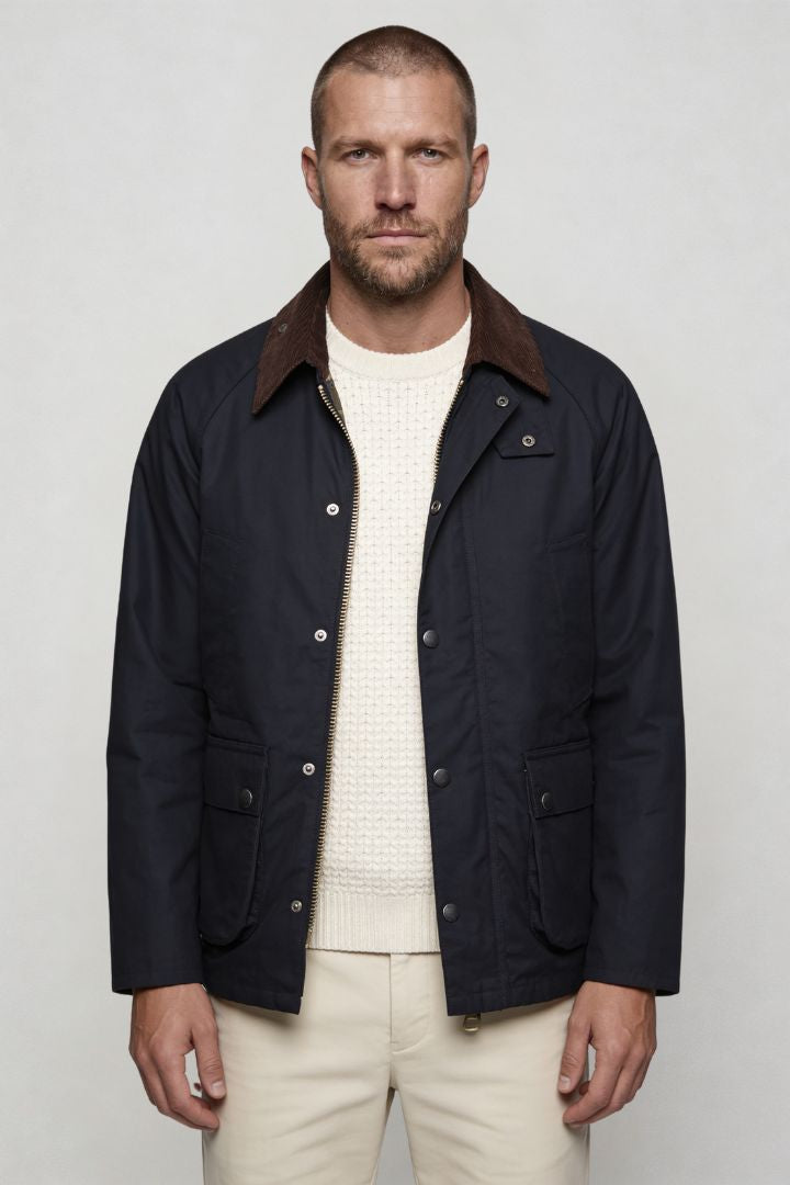 lavencio Men’s cotton field jacket with corduroy collar and utility pocket design navy front