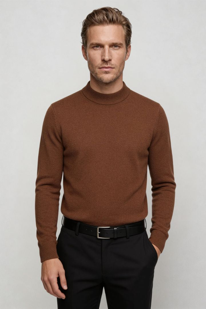 men’s brown 100% wool crewneck sweater lightweight smart casual pullover