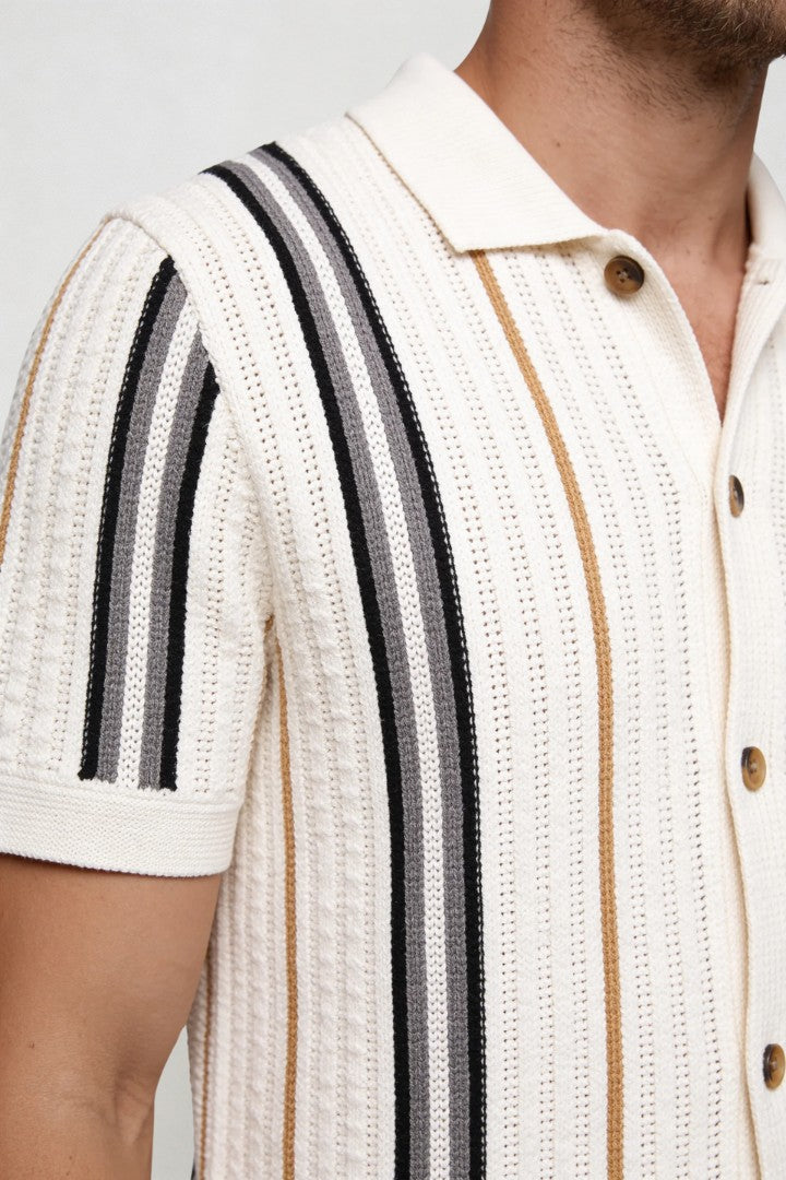 Men's ivory textured knit polo shirt breathable viscose summer shirt with vertical stripes design close-up