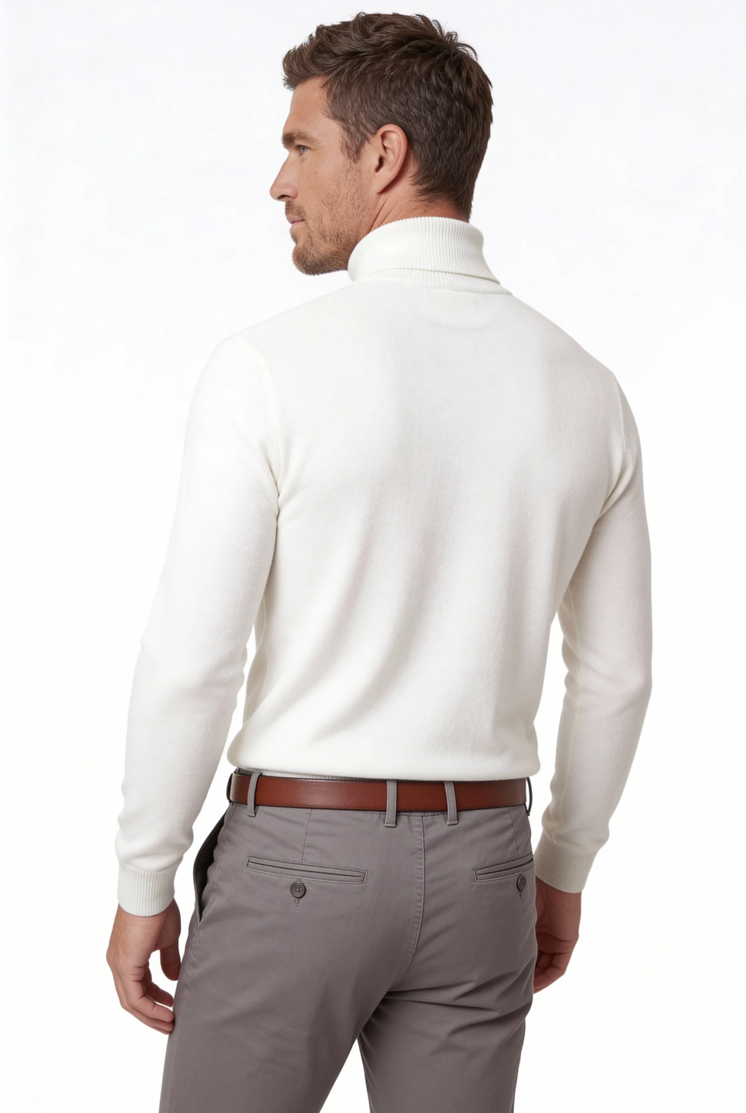 Men’s white merino wool turtleneck sweater back view