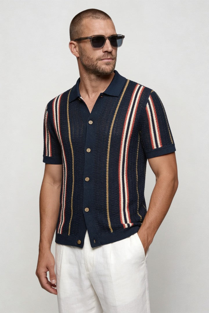 Men's navy textured knit polo shirt breathable viscose summer shirt with vertical stripes design