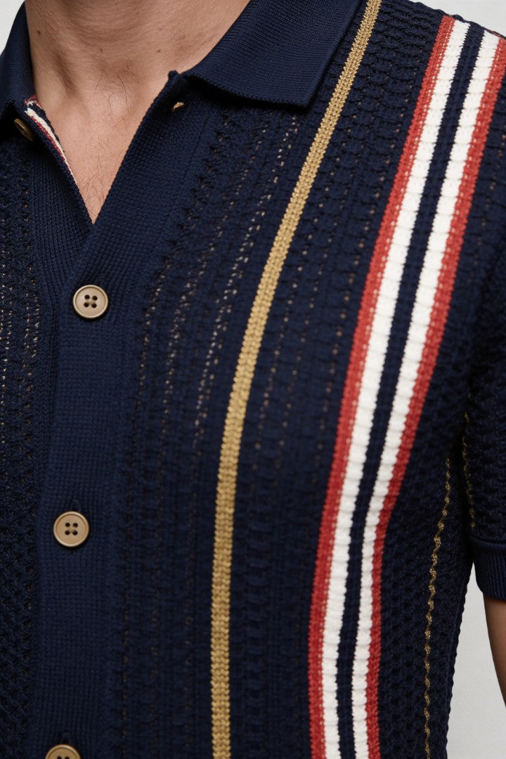 Men's navy textured knit polo shirt breathable viscose summer shirt with vertical stripes design close-up shot