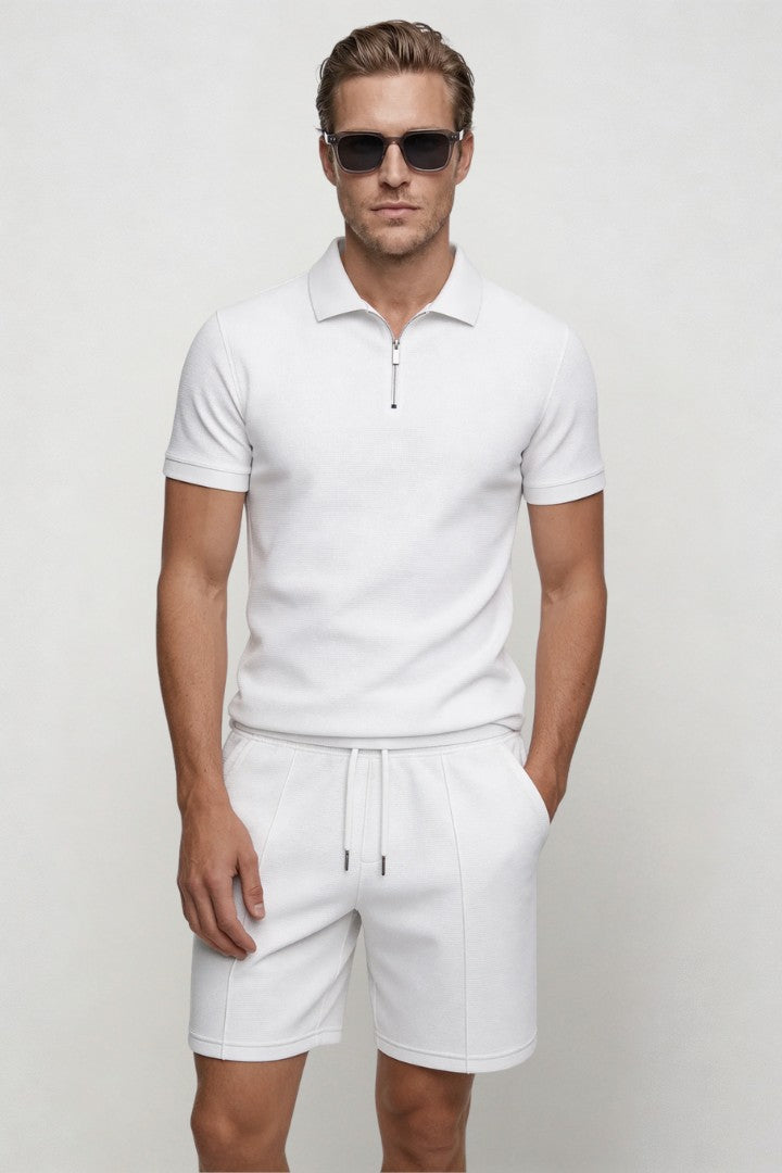Men's white waffle knit polo set breathable textured summer shirt and shorts matching outfit