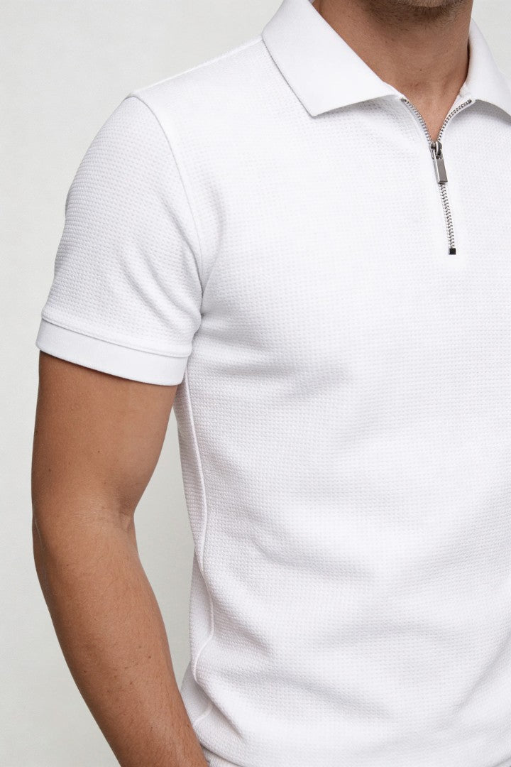 Men's white waffle knit polo set breathable textured summer shirt and shorts matching outfit close-up