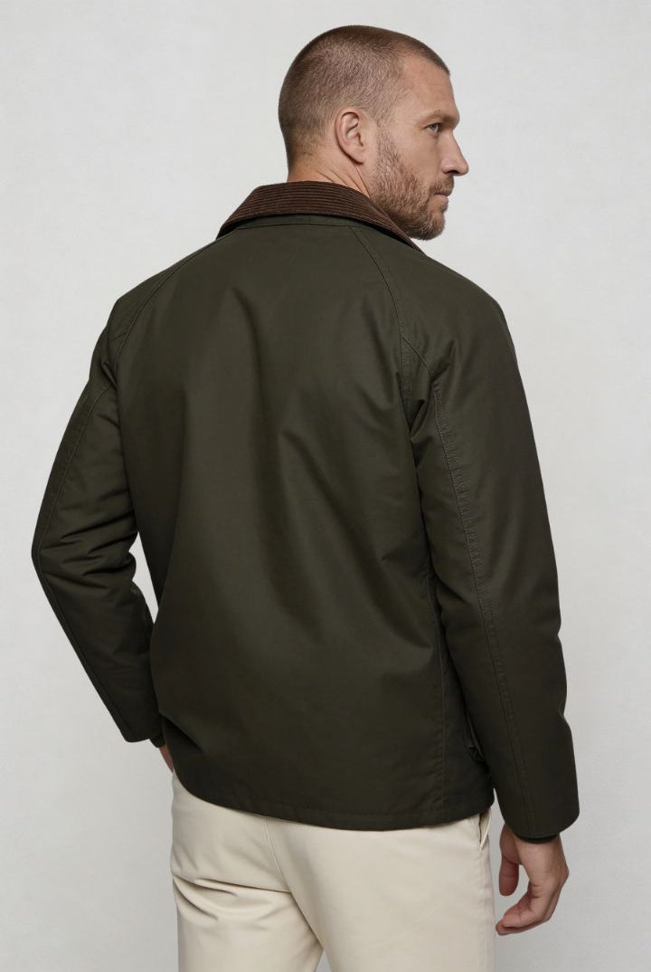 Men’s cotton field jacket with corduroy collar and utility pocket design back pose