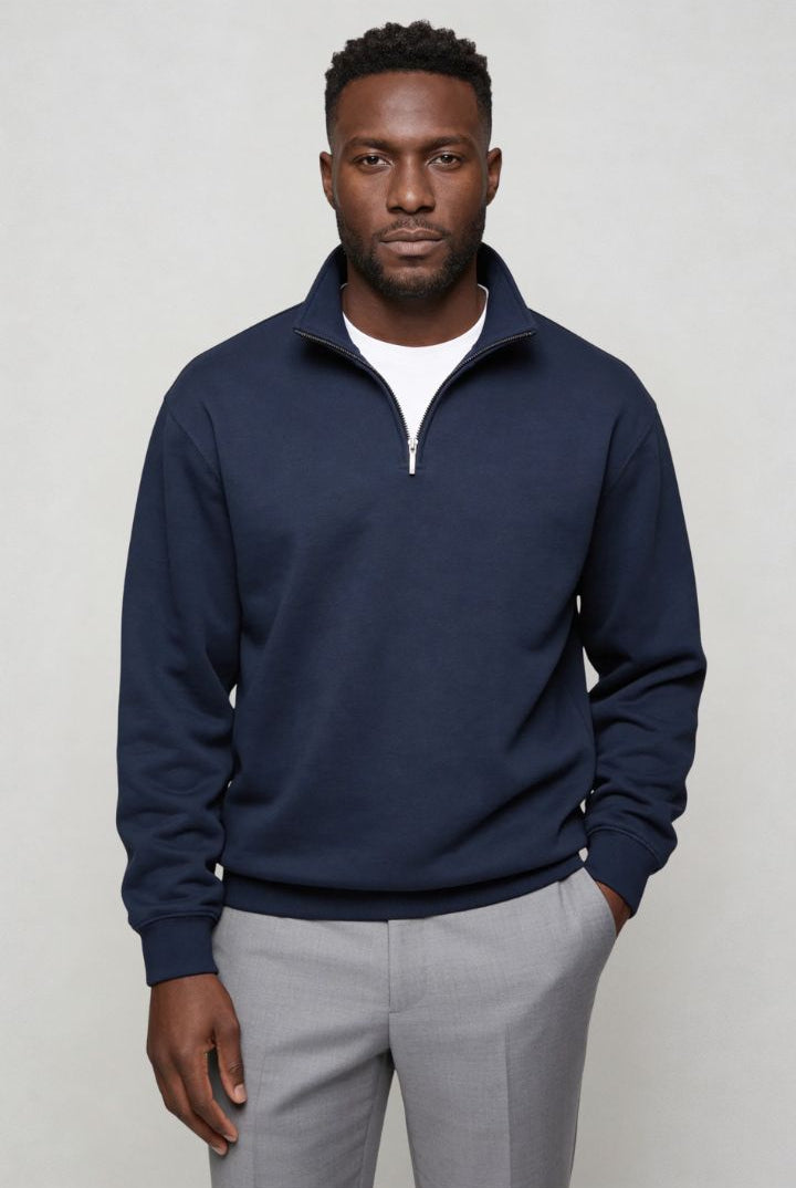 Lavencio Men’s navy quarter zip cotton sweater with tailored slim fit and metal zipper detail