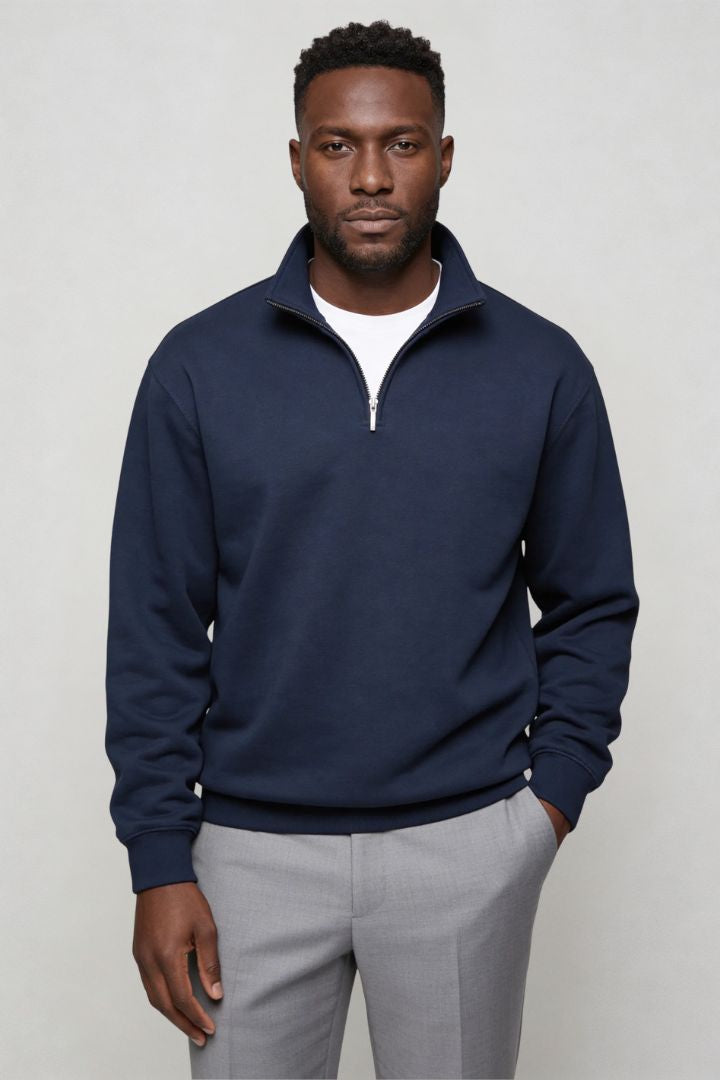 Lavencio Men’s navy quarter zip cotton sweater with tailored slim fit and metal zipper detail
