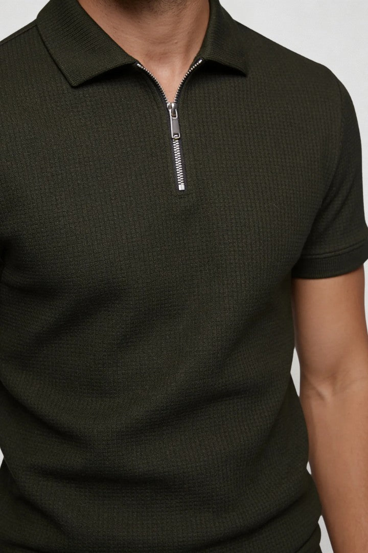 Men's black waffle knit polo set breathable textured summer shirt and shorts matching outfit close-up
