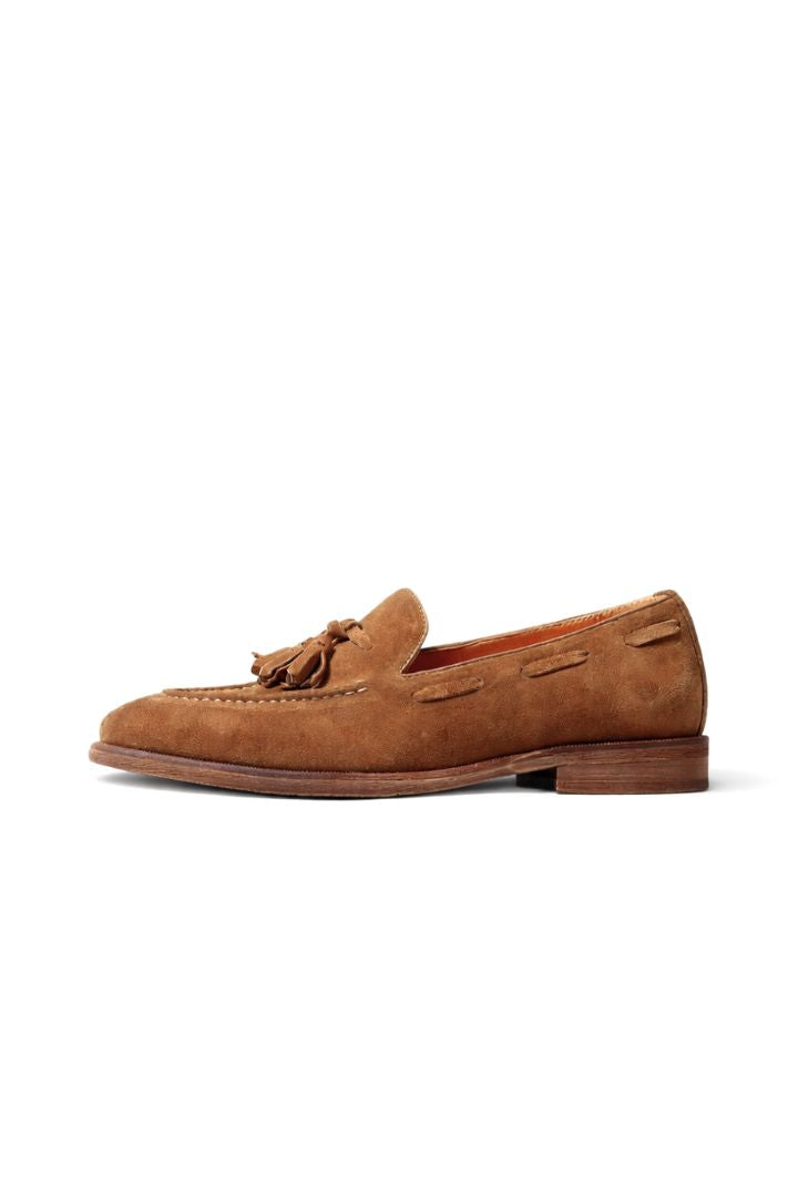Marcellin suede tassel loafers for men in cognac suede with classic tassel detail and leather lining side view