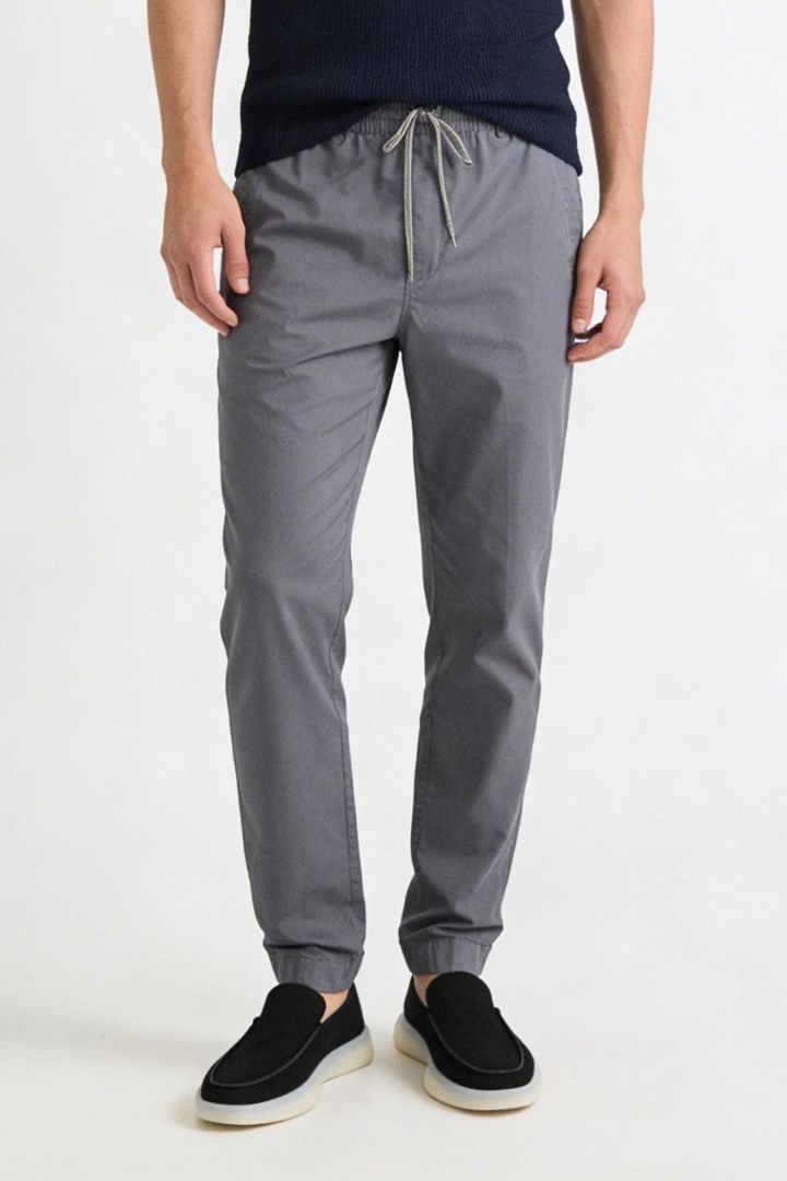 Men’s Gray Cotton Drawstring Trousers – front view, smart-casual fit