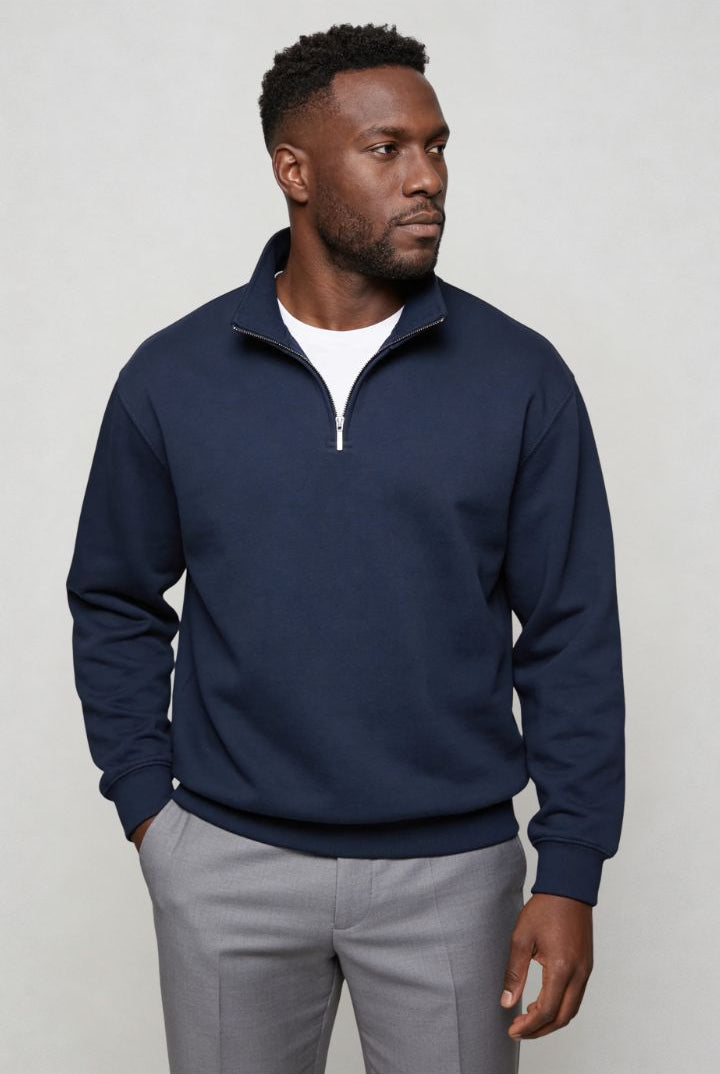 Lavencio Men’s navy quarter zip cotton sweater with tailored slim fit and metal zipper detail