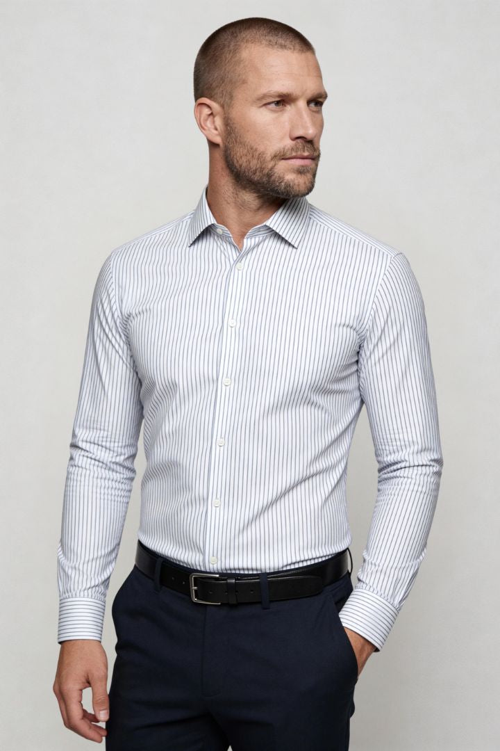 men’s modal dress shirt striped wrinkle resistant stretch button down white side pose