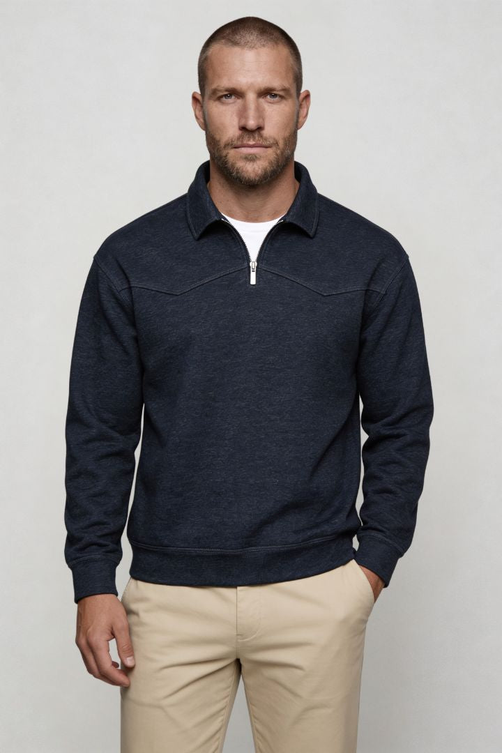 Men’s navy cotton quarter zip sweater with structured collar and ribbed cuffs