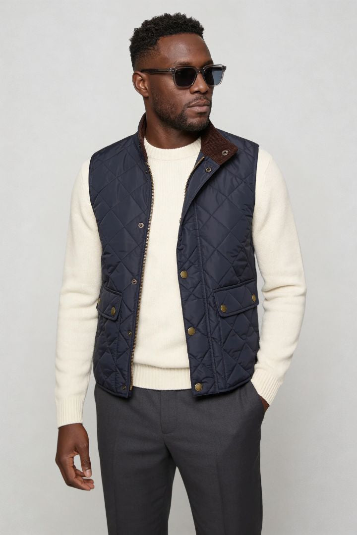 Rosaro quilted vest for men with diamond quilting, corduroy collar and lightweight insulated design in navy
