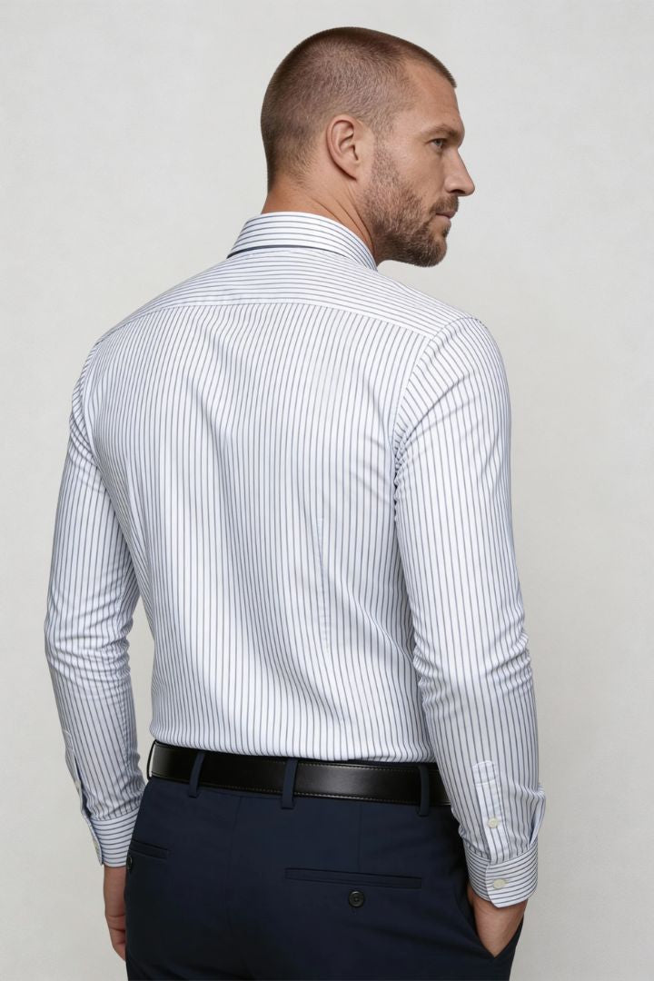 men’s modal dress shirt striped wrinkle resistant stretch button down white back view