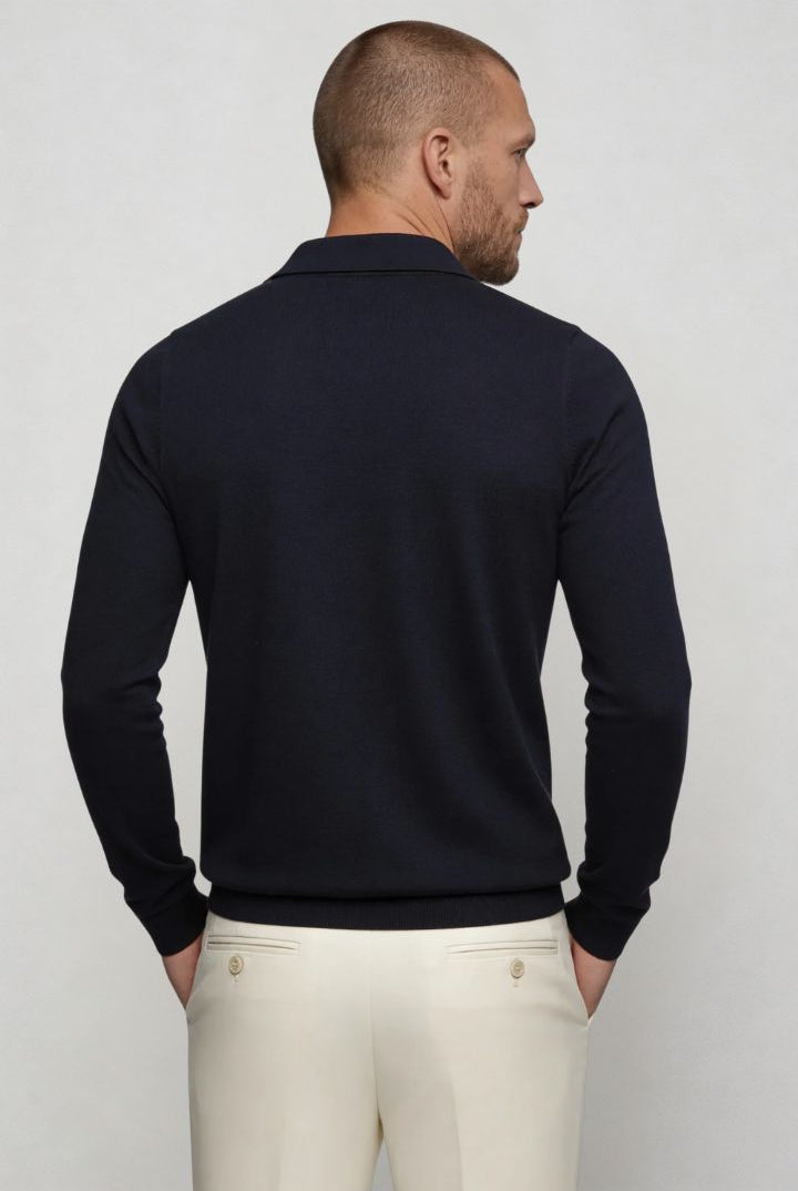 Men’s navy long sleeve knit polo shirt with tailored fit and structured collar