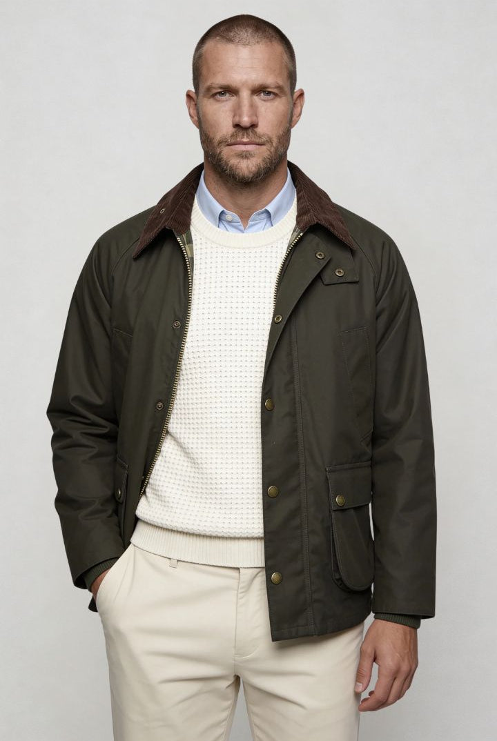 Men’s cotton field jacket with corduroy collar and utility pocket design front