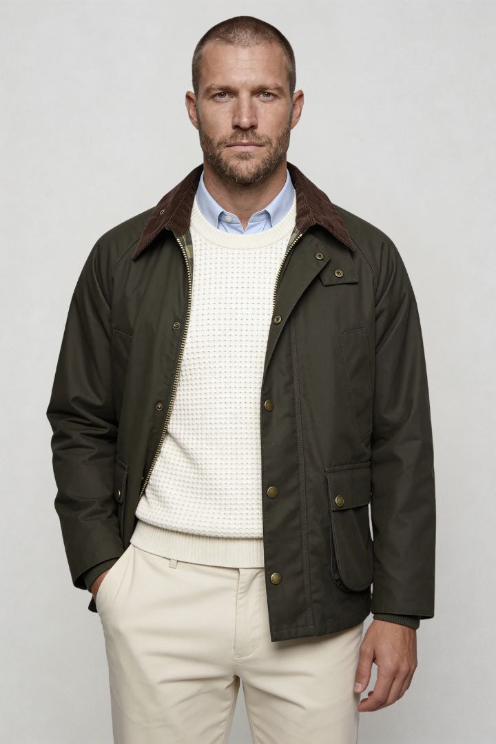 Men’s cotton field jacket with corduroy collar and utility pocket design front