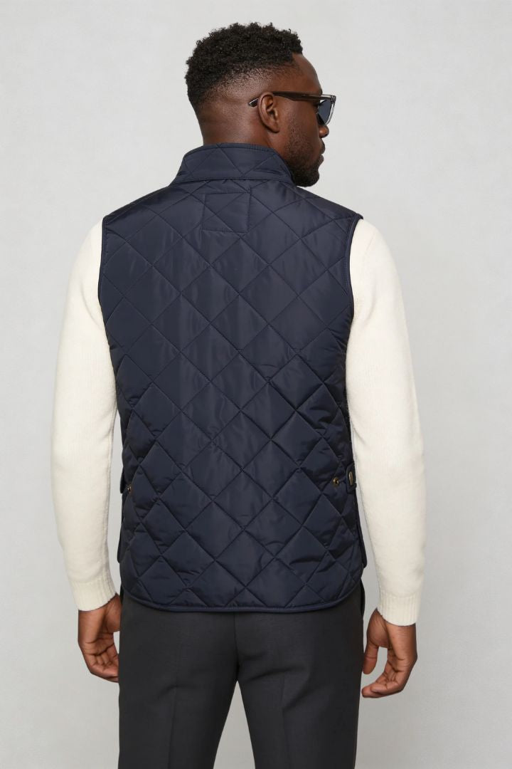 Rosaro quilted vest for men with diamond quilting, corduroy collar and lightweight insulated design in navy back view