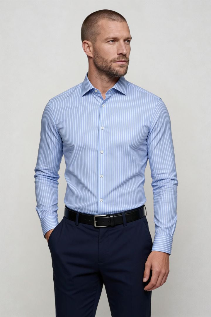 men’s modal dress shirt striped wrinkle resistant stretch button down in blue pose
