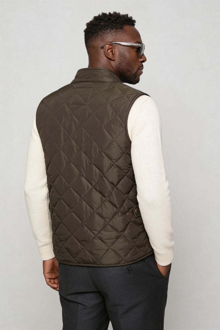 Rosaro quilted vest for men with diamond quilting, corduroy collar and lightweight insulated design in army green back view