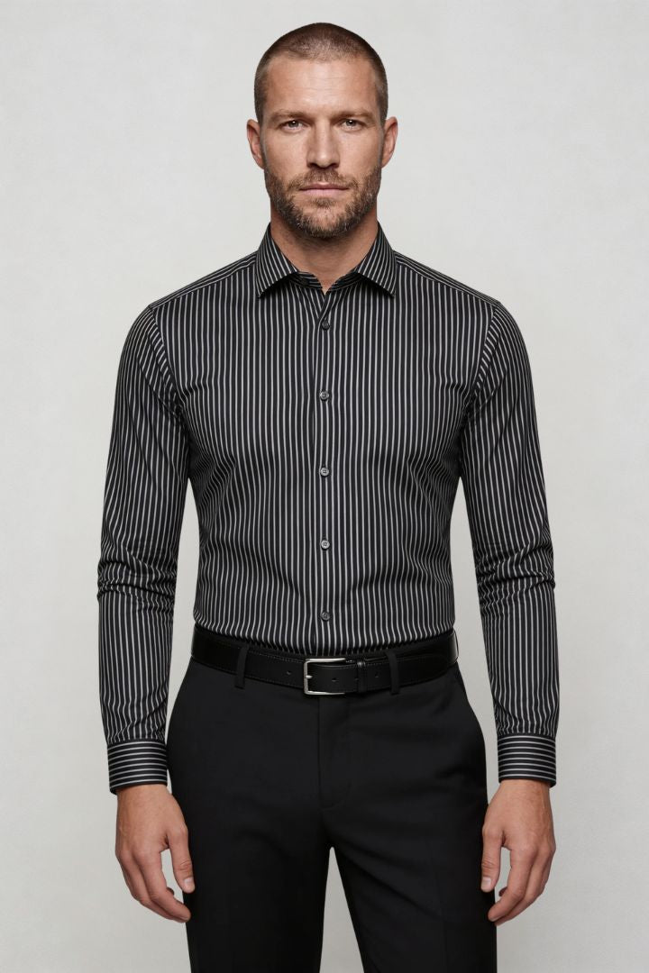 men’s modal dress shirt striped wrinkle resistant stretch button down in black front view