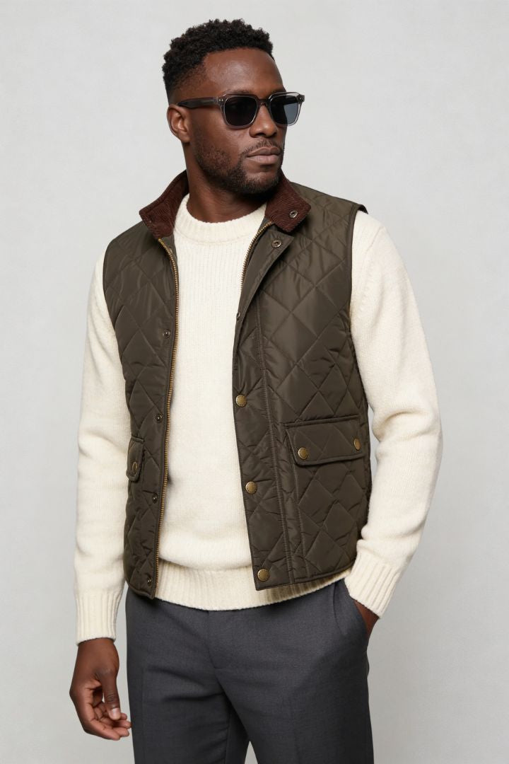 Rosaro quilted vest for men with diamond quilting, corduroy collar and lightweight insulated design in army green front view
