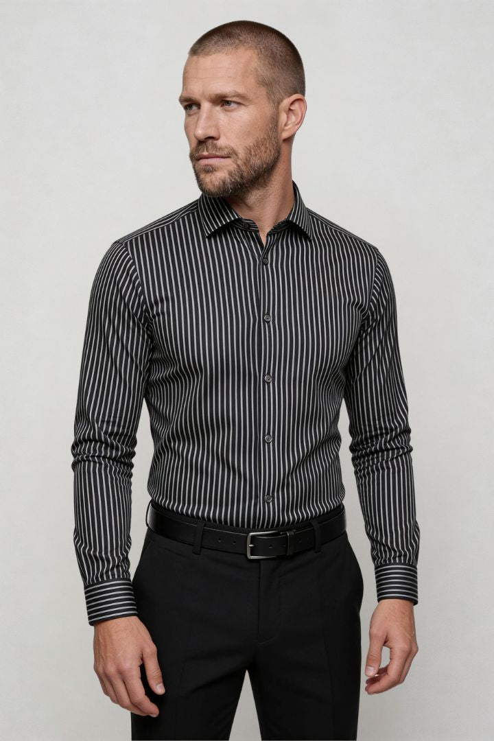 men’s modal dress shirt striped wrinkle resistant stretch button down in black pose