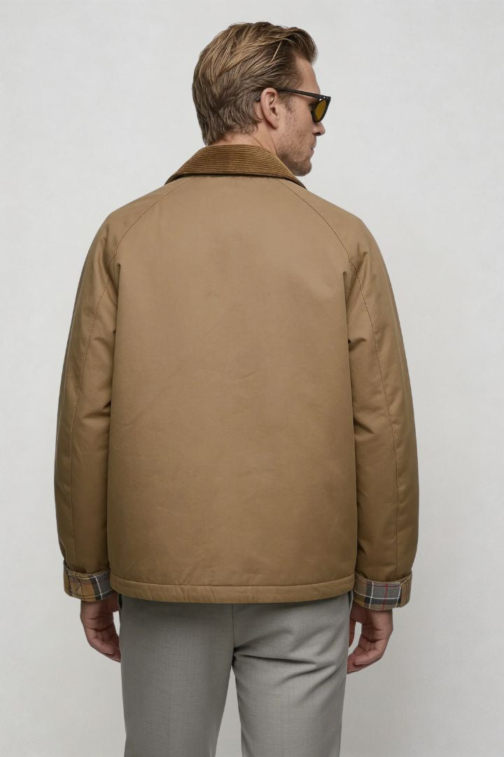 men camel beige corduroy collar barn jacket back view