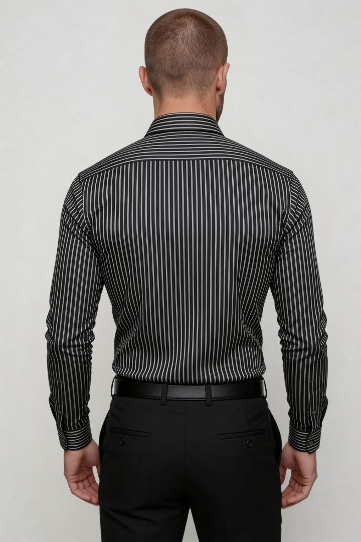 men’s modal dress shirt striped wrinkle resistant stretch button down in black back view