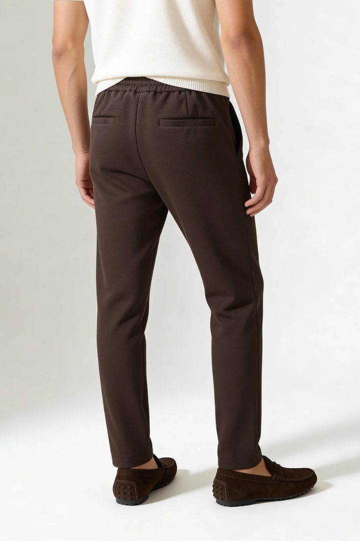 Men’s wool blend drawstring trousers in espresso brown – back view