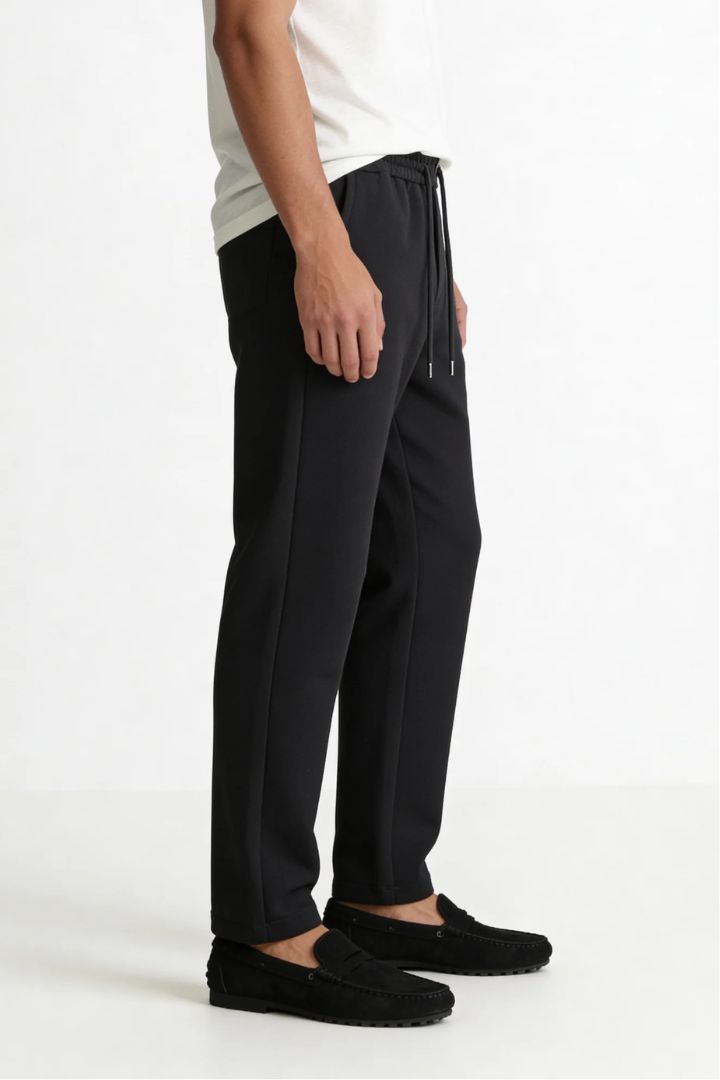 Men’s wool blend drawstring trousers in jet black – side view