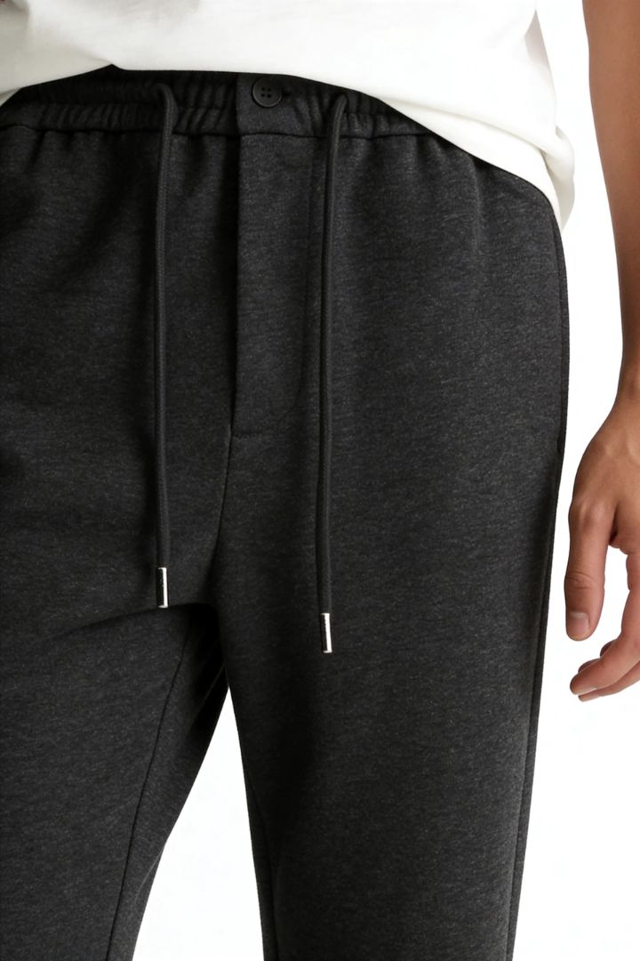 Mens wool blend drawstring trousers charcoal close-up view