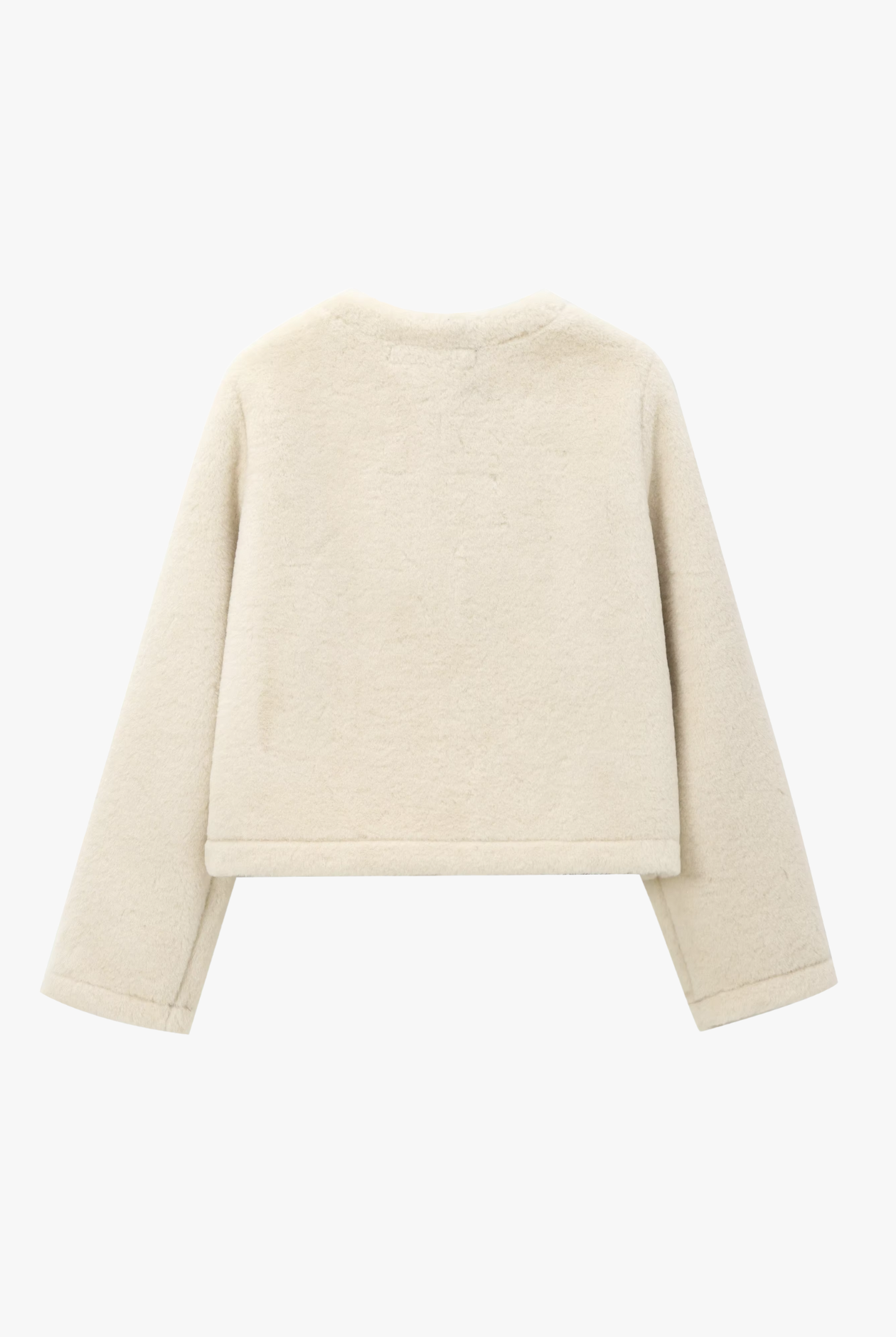 Back view—women’s ivory faux-shearling cropped jacket, clean hem and sleeves