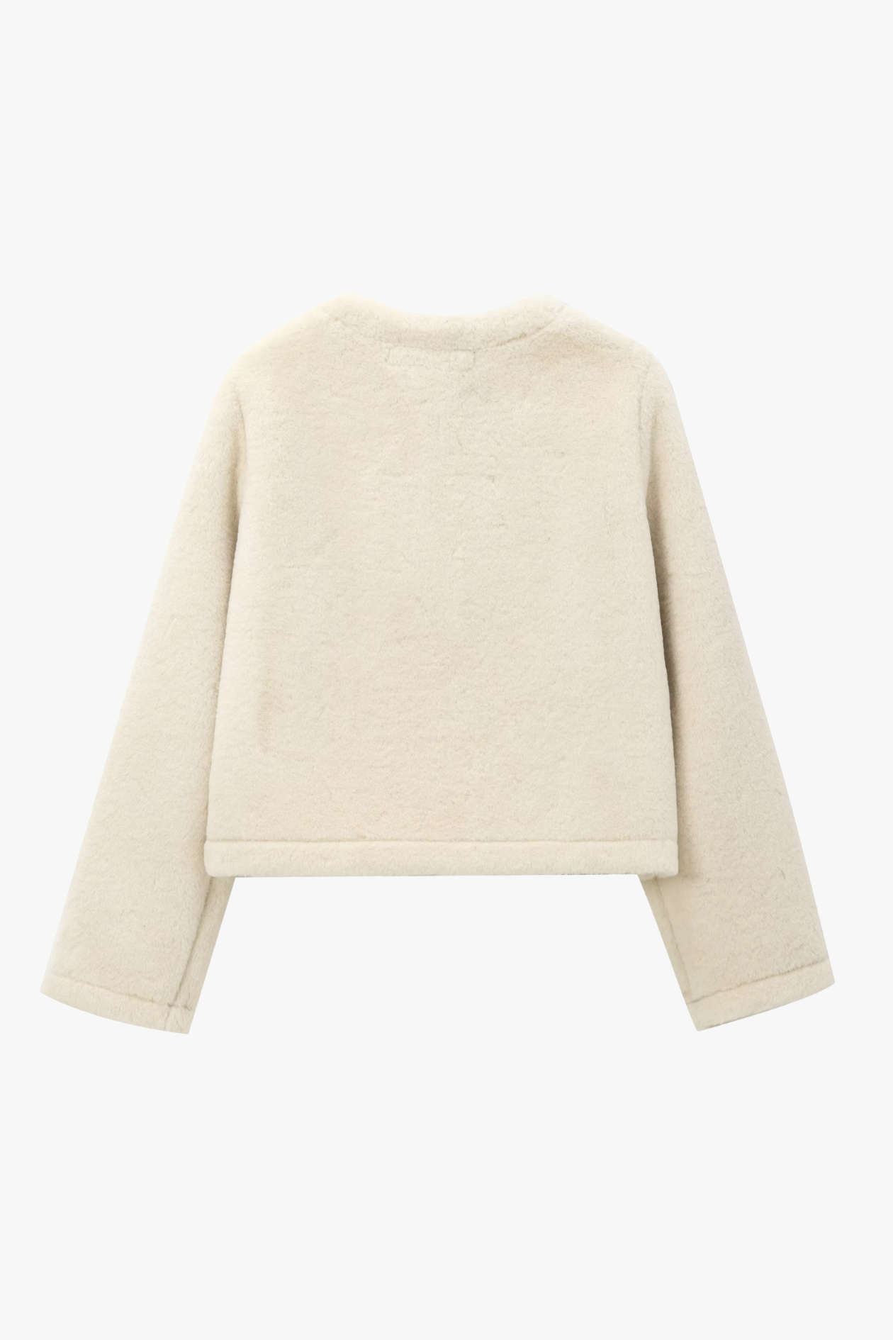 Back view—women’s ivory faux-shearling cropped jacket, clean hem and sleeves