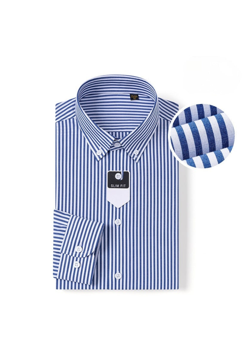 Blue and white striped shirt with a close-up of the fabric on a white background from Lavencio