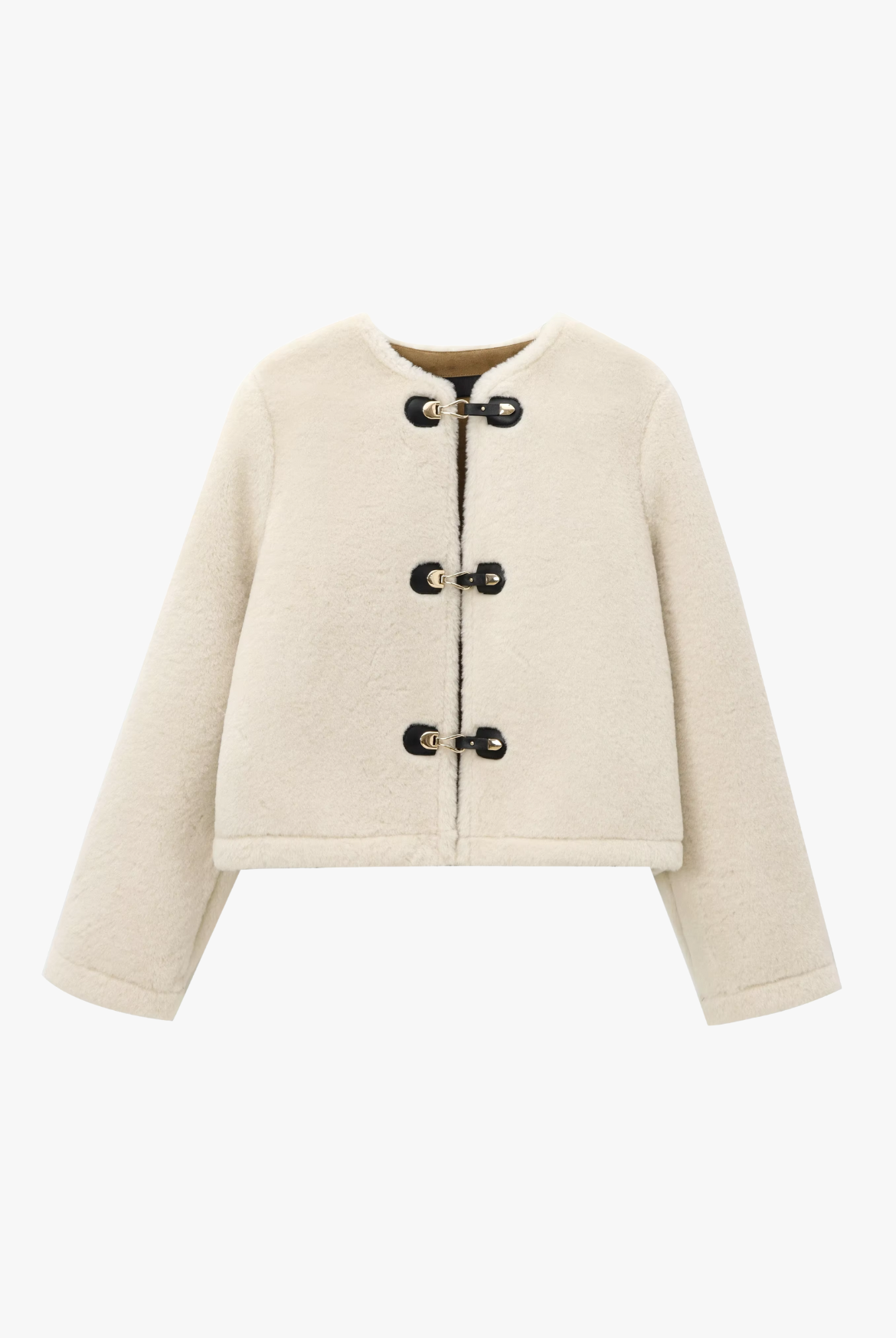 Women’s ivory faux-shearling toggle jacket—cropped, boxy fit, front view.