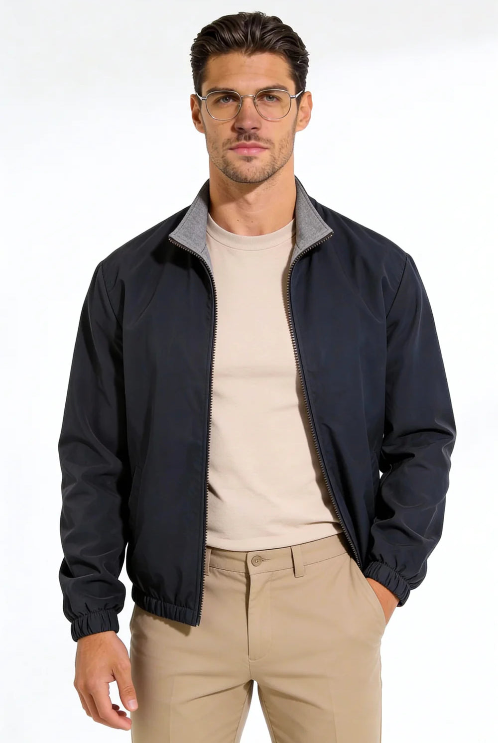 Men wearing the Harlan Lightweight Reversible Jacket with a clean, tailored fit and minimalist design on a studio background.