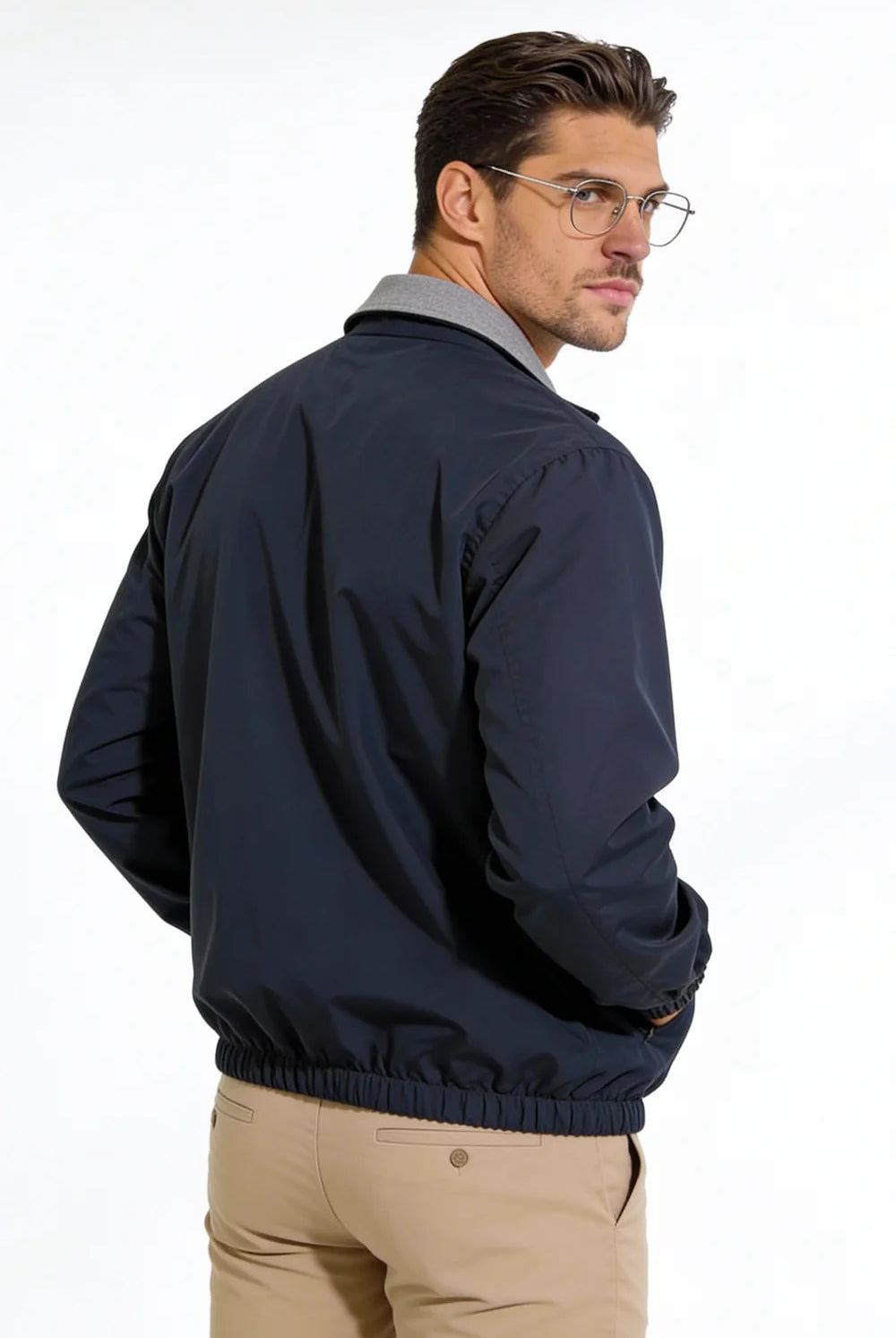 Men wearing the Harlan Lightweight Reversible Jacket with a clean, tailored fit and minimalist design on a studio background.